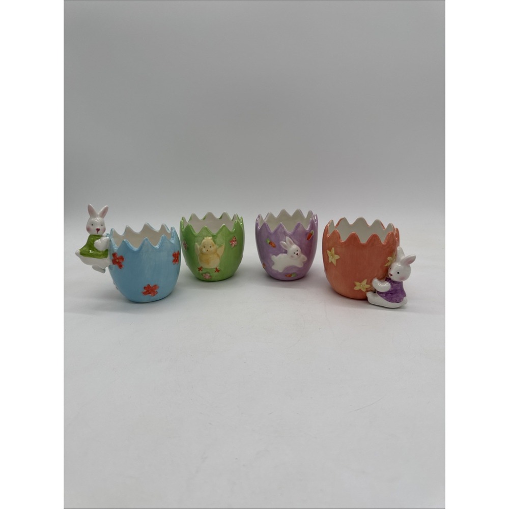 Set of 4 Ceramic Easter Bunny Cracked Egg Bowls Candy Dishes